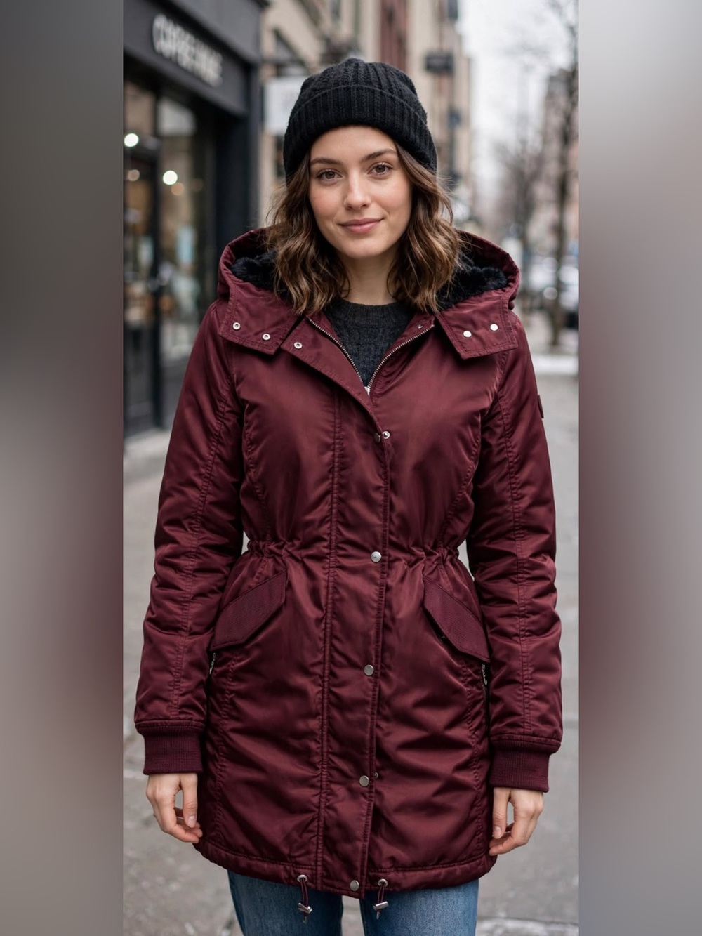 Abercrombie & Fitch wine red fur hooded jacket